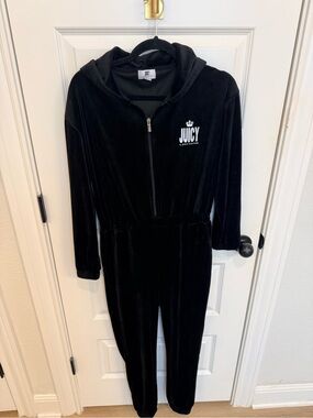 Juicy Couture Black Velour Hooded Zip Jumpsuit Y2K revival
